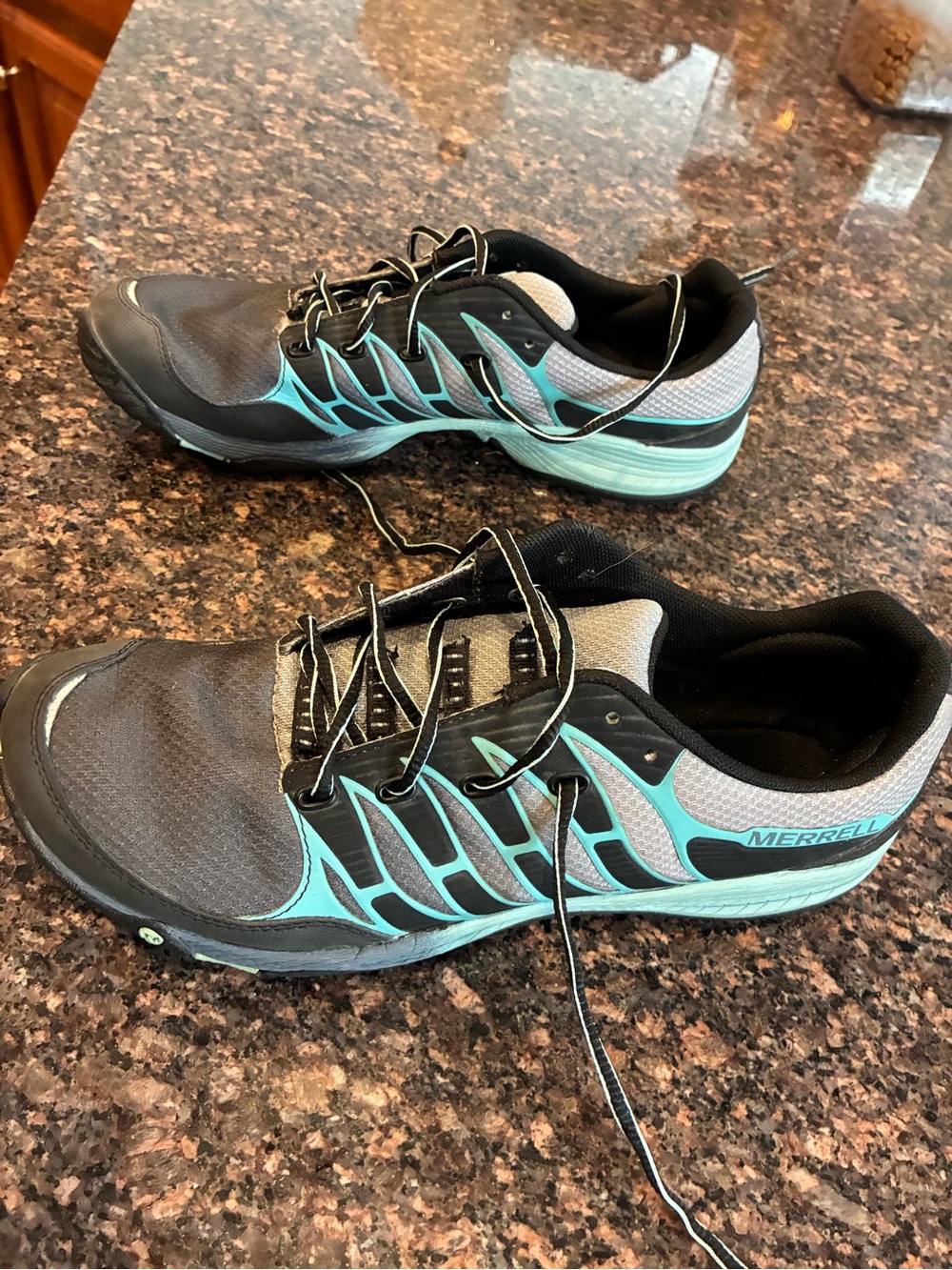 Merrell Men's Black and Teal Trail Athletic Shoes - Picture 2 of 5